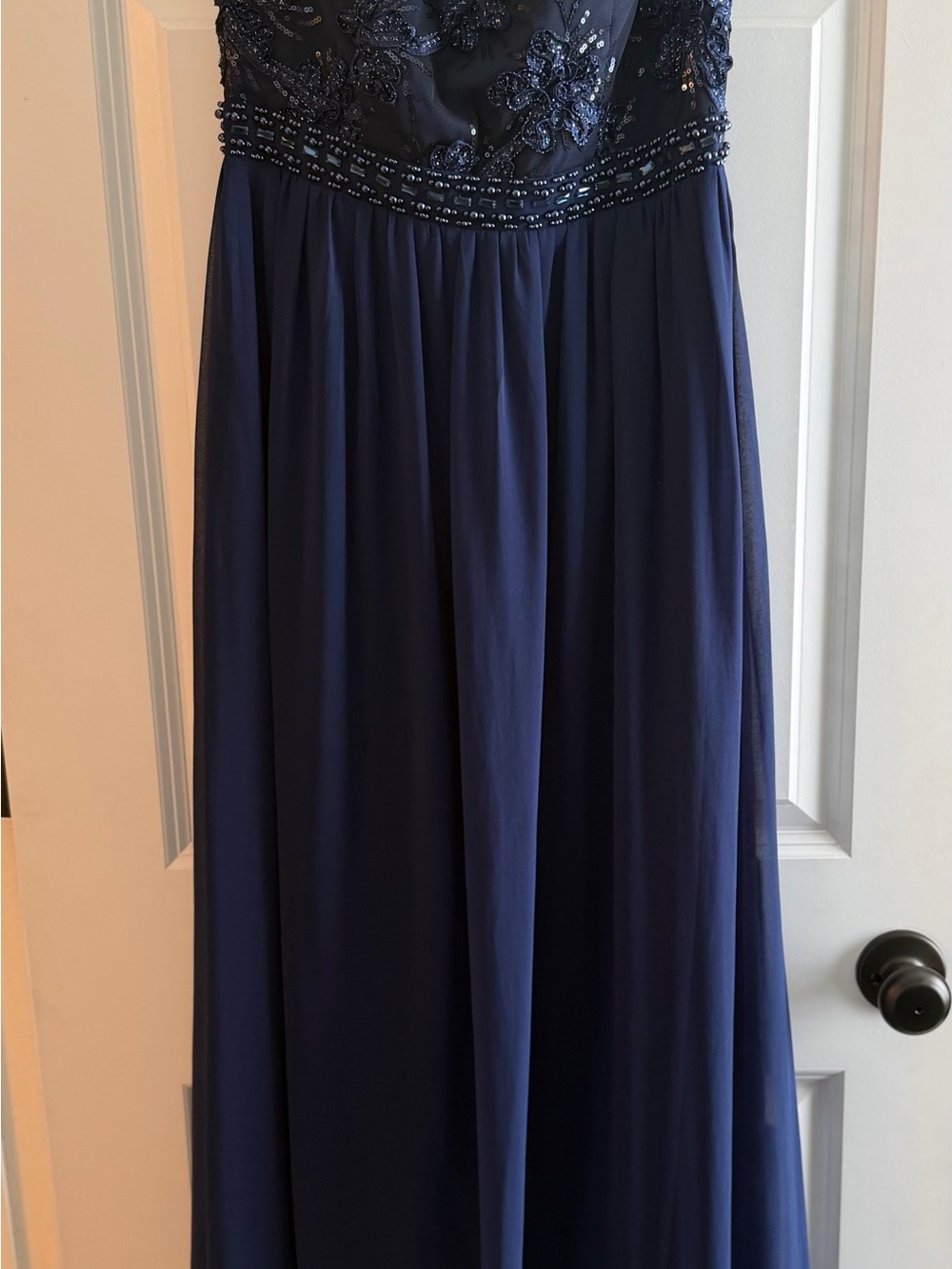 Navy Beaded Floral Bodice Evening Dress